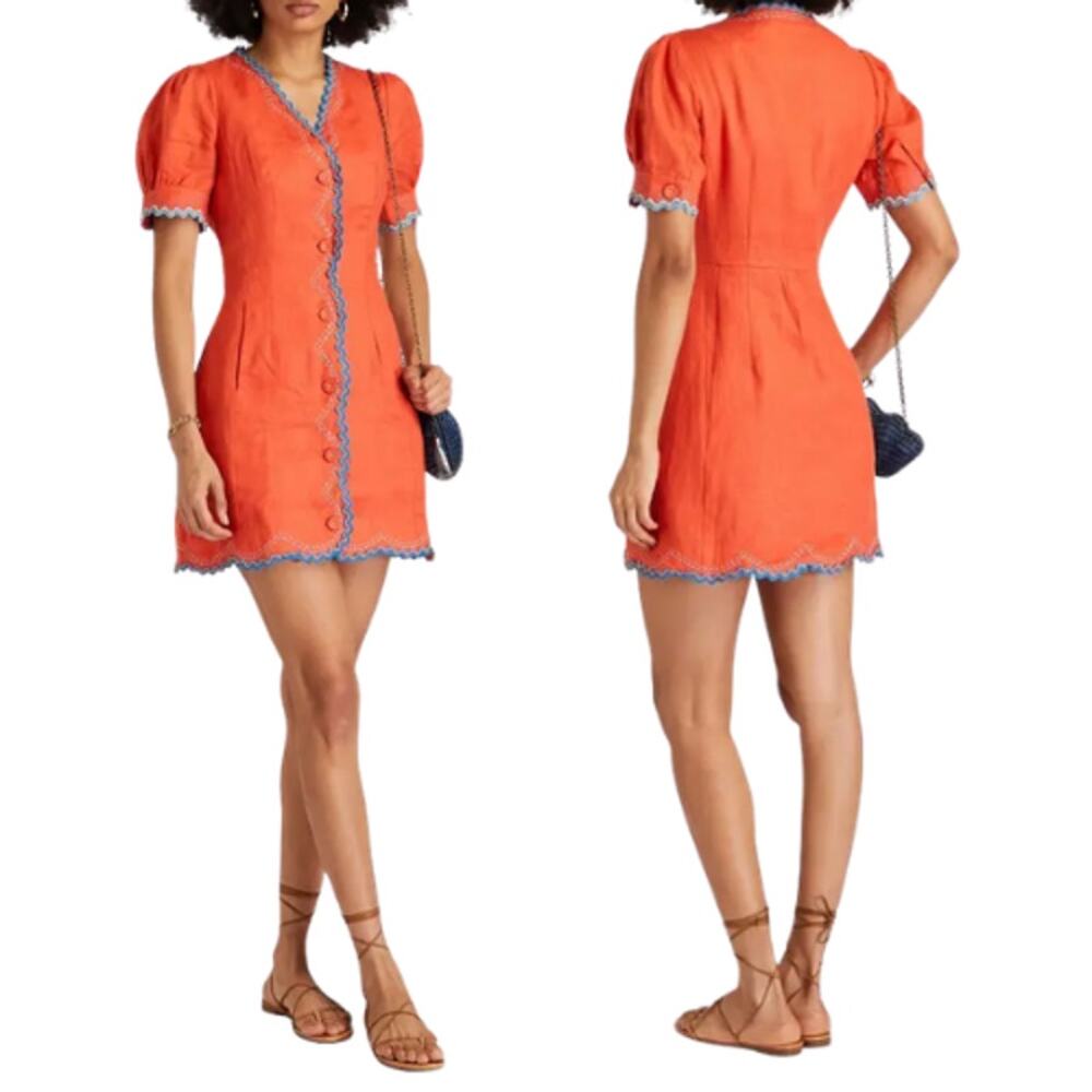 NWT Saloni Marlee Embellished Linen Short Sleeve Mini Dress Orange Size: 10